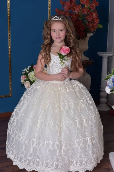 Jeune Princesse Dans Une Robe Blanche Avec Diadème Une Rose — Photo