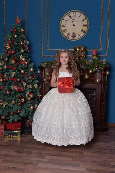 白いドレスを着た若い姫クリスマスに彼女の手に贈り物の入った箱付きのダイアム — ストック写真