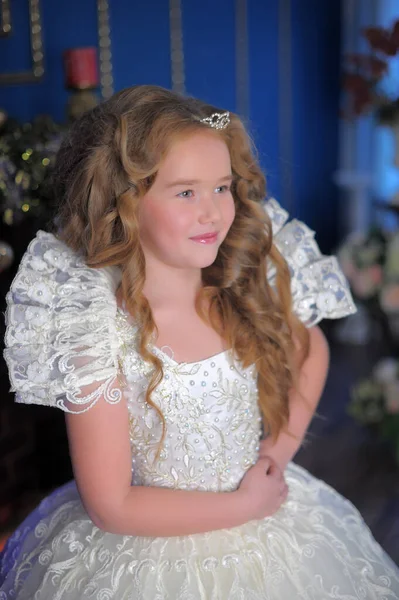 Jonge Prinses Een Witte Jurk Kerstmis — Stockfoto