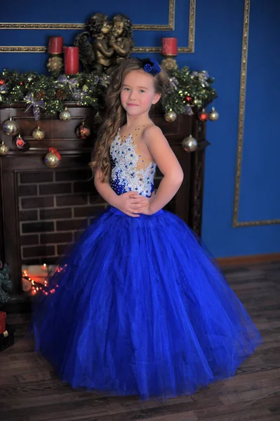 Young Princess Blue Elegant Christmas Dress — Stock Photo, Image
