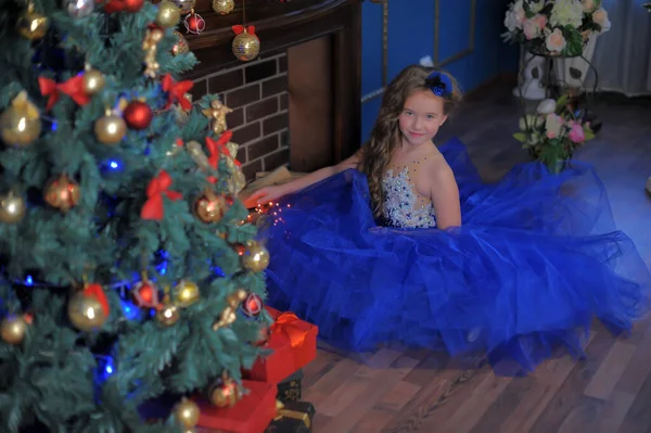 Mavi Zarif Noel Elbisesi Içindeki Genç Prenses — Stok fotoğraf