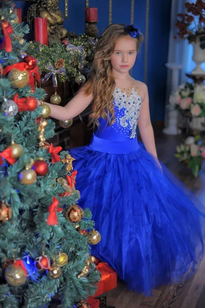 Jonge Prinses Blauw Elegante Kerst Jurk — Stockfoto