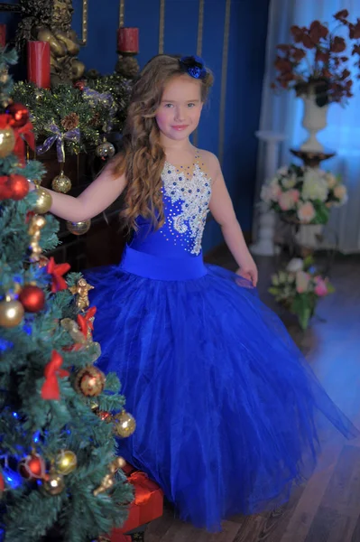 Jovem Princesa Azul Elegante Vestido Natal — Fotografia de Stock