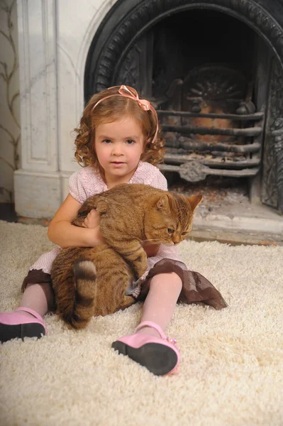 Menina Feliz Com Gato Seus Braços — Fotografia de Stock