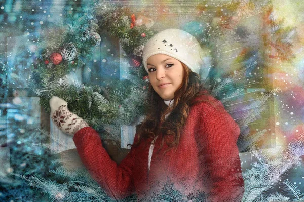 Mujer Joven Ropa Punto Mitones Sombrero Para Navidad — Foto de Stock