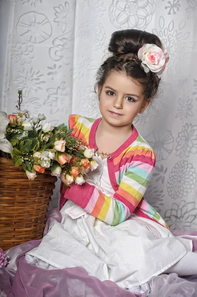 Little Brunette Girl Flowers Her Hair Basket Flowers Portrait Vintage — Stock Photo, Image