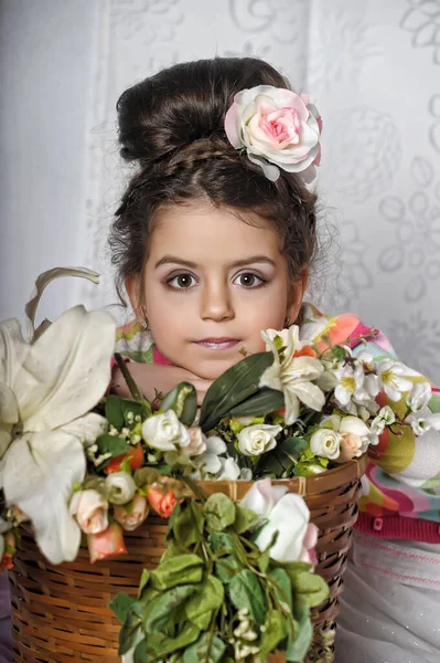 Little Brunette Girl Flowers Her Hair Basket Flowers Portrait Vintage — Stock Photo, Image