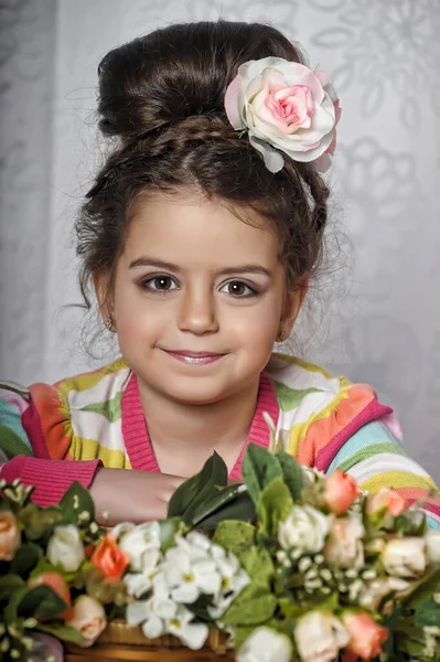 Little Brunette Girl Flowers Her Hair Basket Flowers Portrait Vintage — Stock Photo, Image