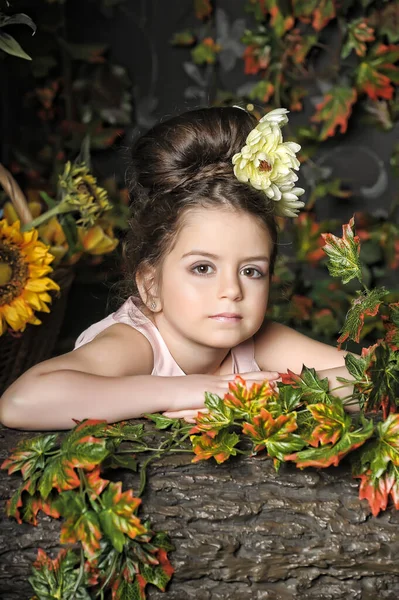 女の子と黄色の花で彼女の髪の肖像画 ヴィンテージ写真 レトロスタイル — ストック写真