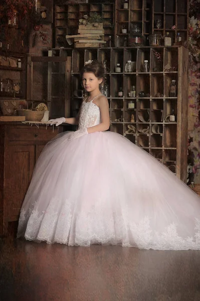 Niña Princesa Elegante Vestido Vintage Blanco —  Fotos de Stock