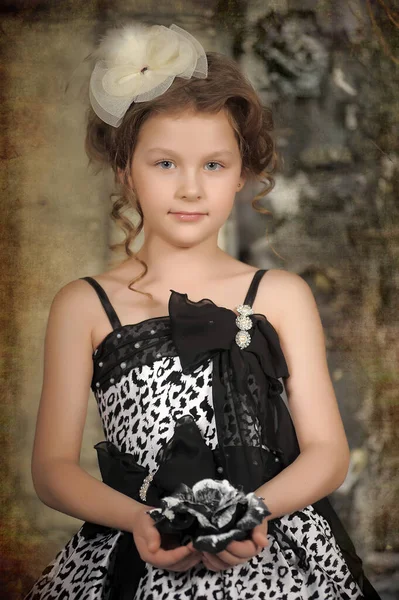Gri Elbiseli Zarif Siyah Elbiseli Küçük Kız — Stok fotoğraf