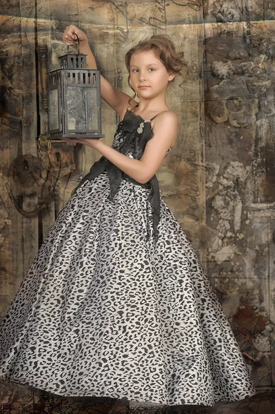 Niña Princesa Elegante Negro Con Vestido Vintage Gris — Foto de Stock