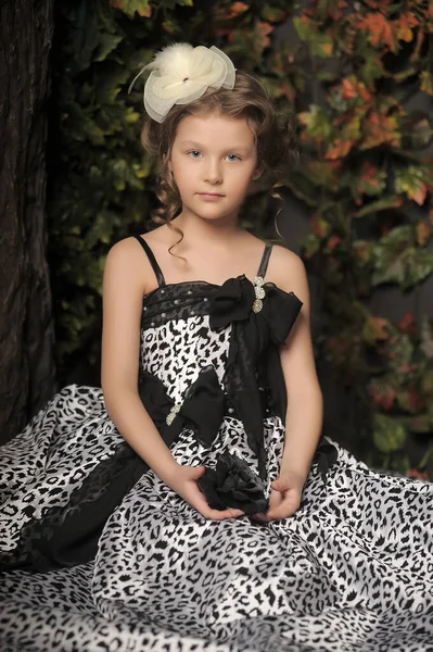 Klein Meisje Prinses Elegante Zwart Met Grijze Vintage Jurk — Stockfoto
