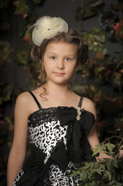 Niña Princesa Elegante Negro Con Vestido Vintage Gris —  Fotos de Stock