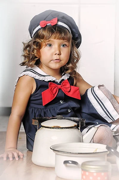 Little Brunette Girl Curls Marine Suit Dress Hat Kitchen — Stock Photo, Image