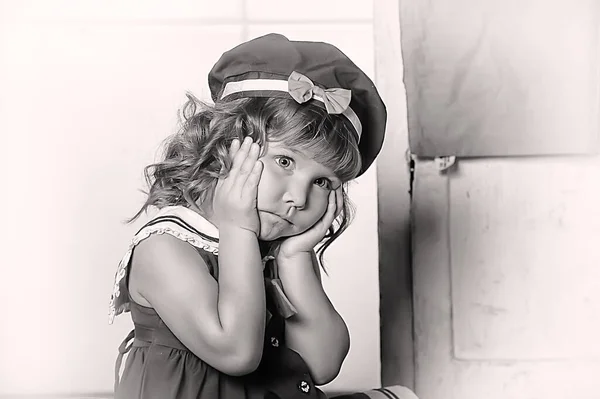 Little Brunette Girl Curls Marine Suit Dress Hat Kitchen — Stock Photo, Image