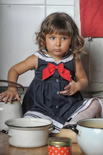 Little Brunette Girl Curls Marine Suit Dress Hat Kitchen — Stock Photo, Image
