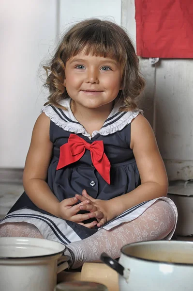 Little Brunette Girl Curls Marine Suit Dress Hat Kitchen — Stock Photo, Image