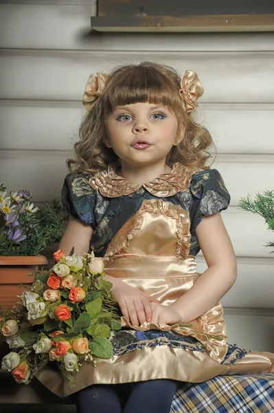 Little Girl Dress Flowers Bench Home — Stock Photo, Image