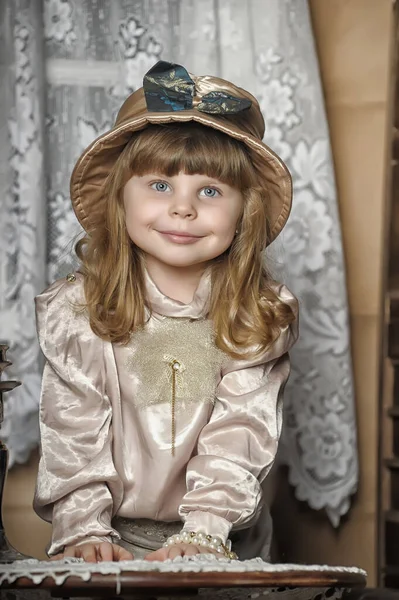 Little Girl Hat Blouse Pants Vintage Interior — Stock Photo, Image