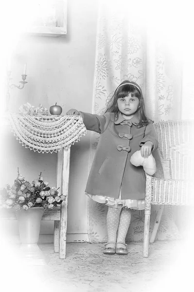 Little Girl Pink Coat Table Vintage Interior — Stock Photo, Image