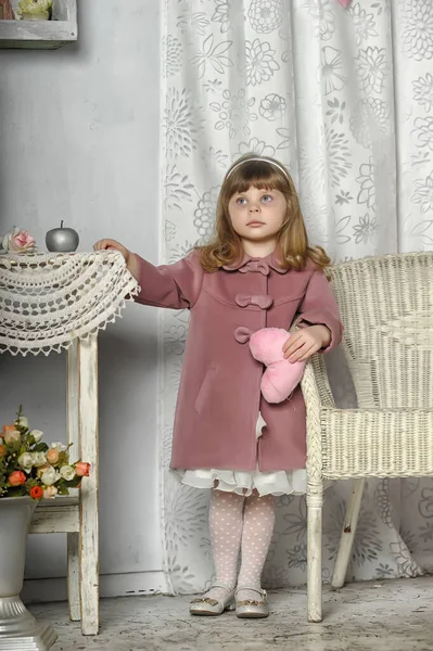 Little Girl Pink Coat Table Vintage Interior — Stock Photo, Image