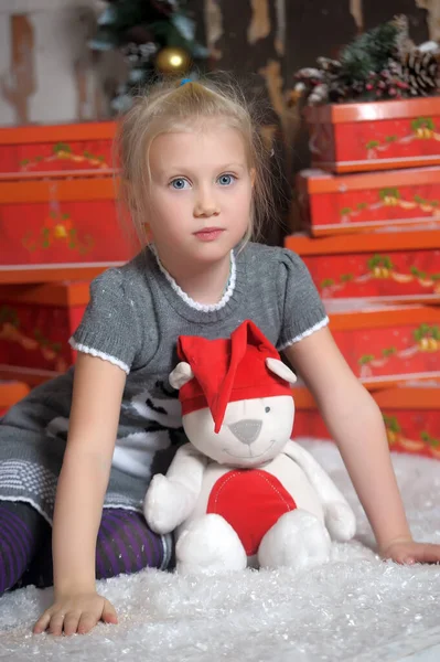 Klein Schattig Meisje Blond Een Grijze Jurk Met Een Speelgoed — Stockfoto