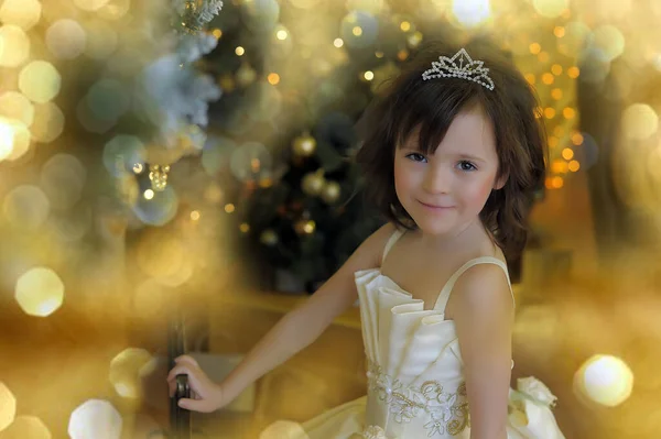 Pequena Menina Bonito Jovem Princesa Vestido Natal Branco Chique Pela — Fotografia de Stock
