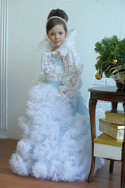 Little Cute Girl Young Princess Chic White Blue Dress Victorian — Stock Photo, Image
