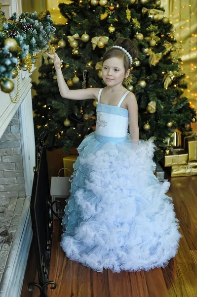 Pequena Linda Menina Jovem Princesa Branco Chique Com Vestido Natal — Fotografia de Stock