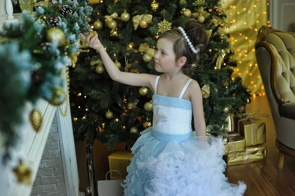 Μικρό Χαριτωμένο Κορίτσι Νεαρή Πριγκίπισσα Κομψό Λευκό Μπλε Χριστουγεννιάτικο Φόρεμα — Φωτογραφία Αρχείου