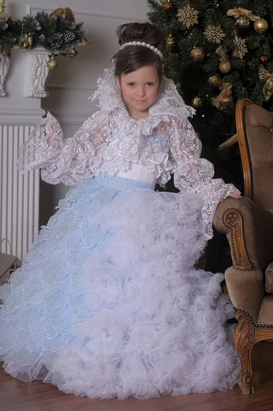 Little Cute Girl Young Princess Chic White Blue Dress Victorian — Stock Photo, Image