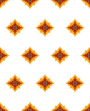 Güzel yıldız çiçek desen vektör görüntü. Kırmızı, sarı, deniz mavi çiçekler beyaz arka plan ile. Tekstil tasarım ve ev çarşaflar için iyi. Stilize çiçek. Deniz mavi öğesi. 