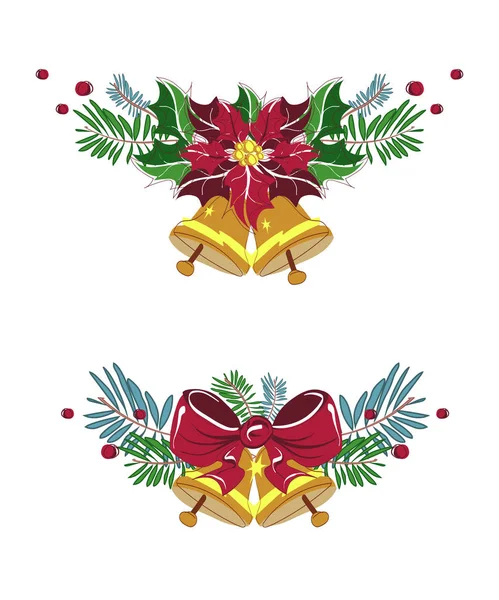 Hermosas campanas de Navidad. Ilustración vectorial. Flor poinsettia. Bayas, pino y lazo rojo — Vector de stock