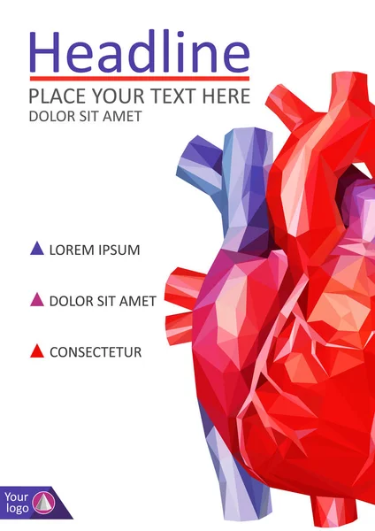 Diseño de cubierta de corazón humano poli baja. A4 Revistas médicas, conferencias . — Vector de stock
