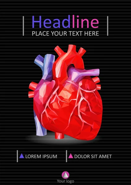 Medisch rapportsjabloon. A4. Cover ontwerp met lage poly menselijk hart — Stockvector