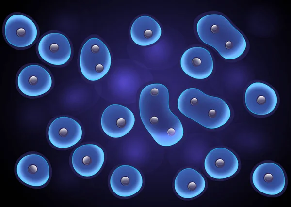 Células de fondo azul con efecto de membrana de luminiscencia y núcleo. Vector — Vector de stock