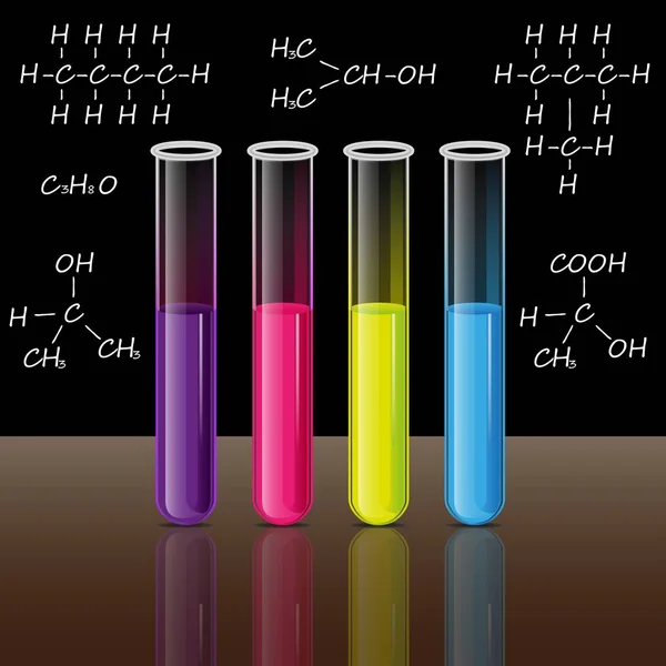Reageerbuisjes instellen. Formules. Wetenschap en onderwijs vector. — Stockvector