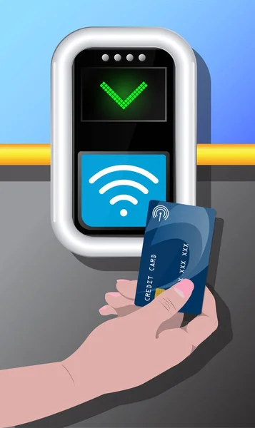 Terminal with hand and credit card. Contactless payment