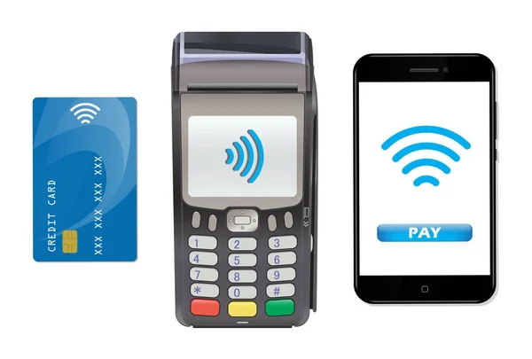 Terminal POS com smartphone e cartão de crédito. Pagadores sem contacto — Vetor de Stock