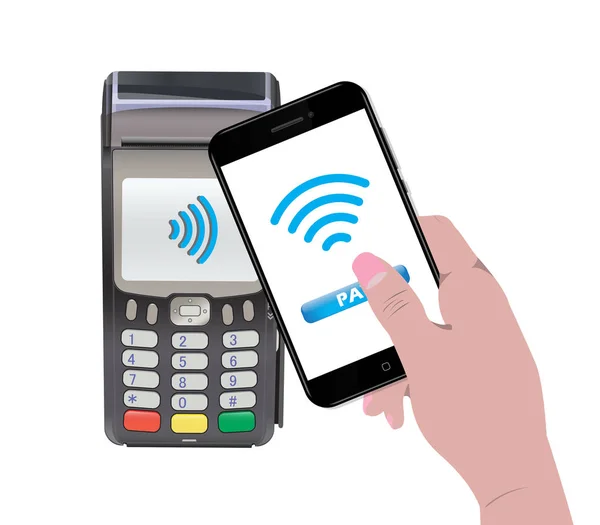 Pos-Terminal mit Smartphone in der Hand und Online-Bezahlung. — Stockvektor