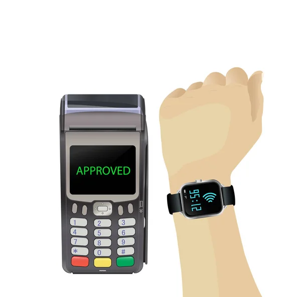 Pos 终端与手和 smartwatch。由智能的付款批准 — 图库矢量图片