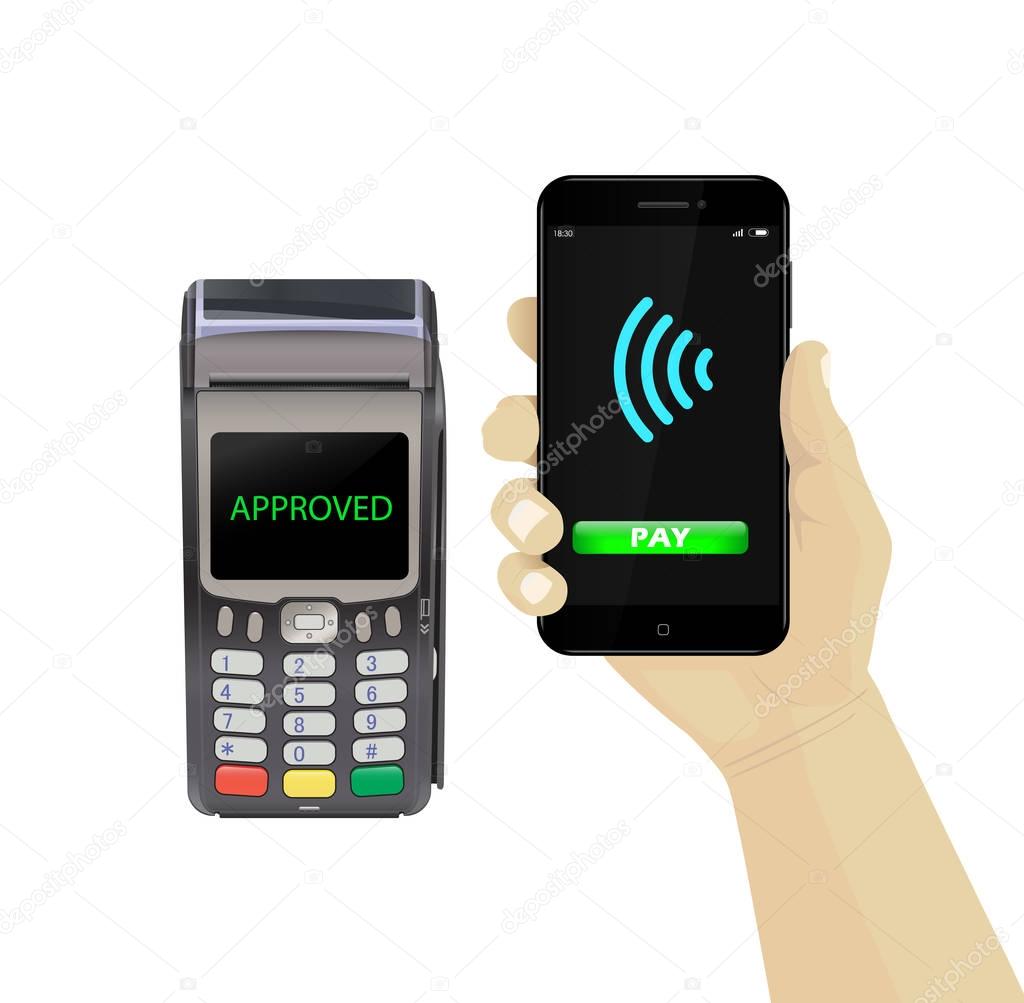 POS terminal with hand and smartphone. Payment approved by smart