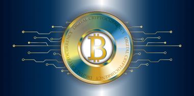 Altın bitcoin afiş fütüristik teknolojik hatları ile. Basamak