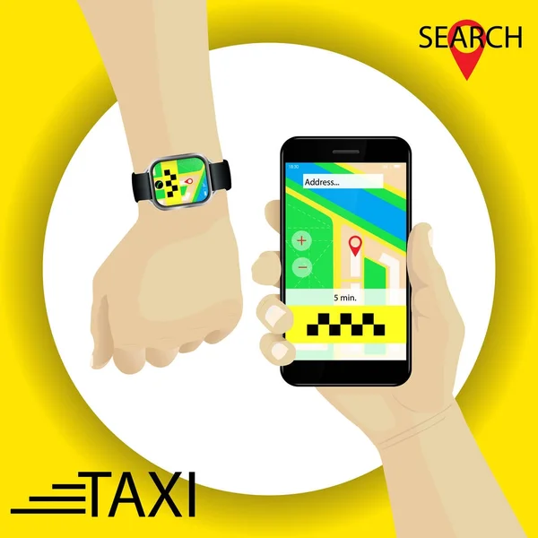 Taxi služba. Ruka s smartwatch a smartphone - gps navigační — Stockový vektor
