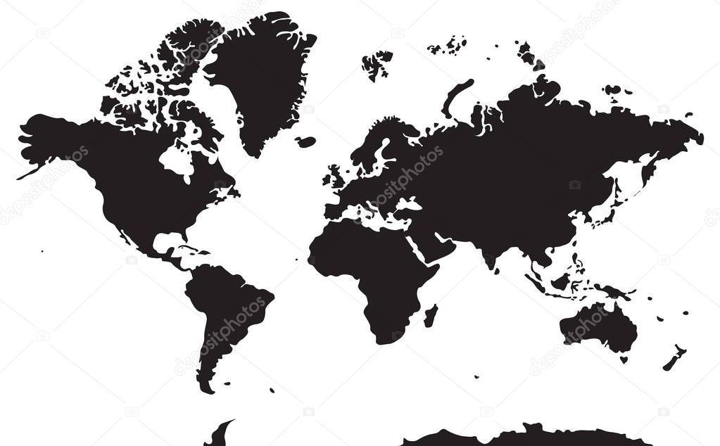 Black and white geographical map. Continents: Asia, Europe, Nort
