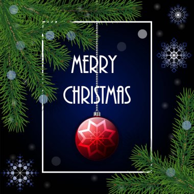 Gerçekçi Noel ağacı çam dalları, kırmızı önemsiz şey, çerçeve 