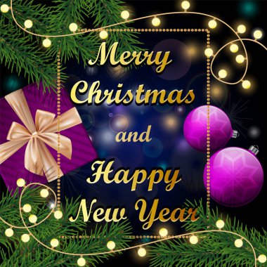 Gerçekçi Çamın dalları, mor baubles, çerçeve ve kar taneleri