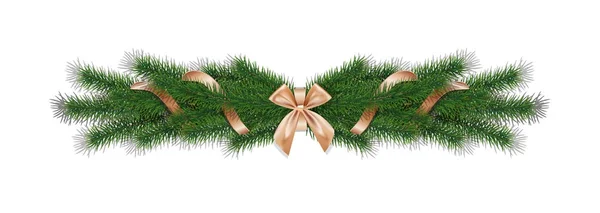 Navidad 3d realista vector de ramas de pino con cinta de oro . — Vector de stock