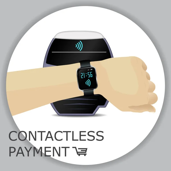 Mão com smartwatch pagando por produtos por pagamentos sem contato — Vetor de Stock